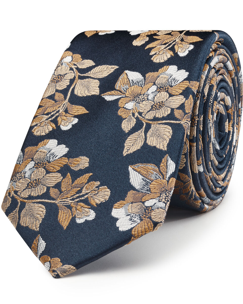 Basico Slim Floral Silk Tie, Tan, hi-res